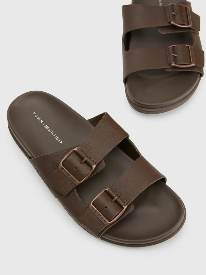 Tommy Hilfiger Elevated Double Buckle Leather Sandals Cocoa Mens Casual Shoes Popular