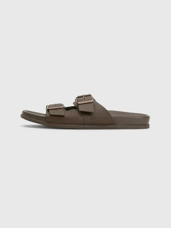 Tommy Hilfiger Elevated Double Buckle Leather Sandals Cocoa Mens Casual Shoes Popular