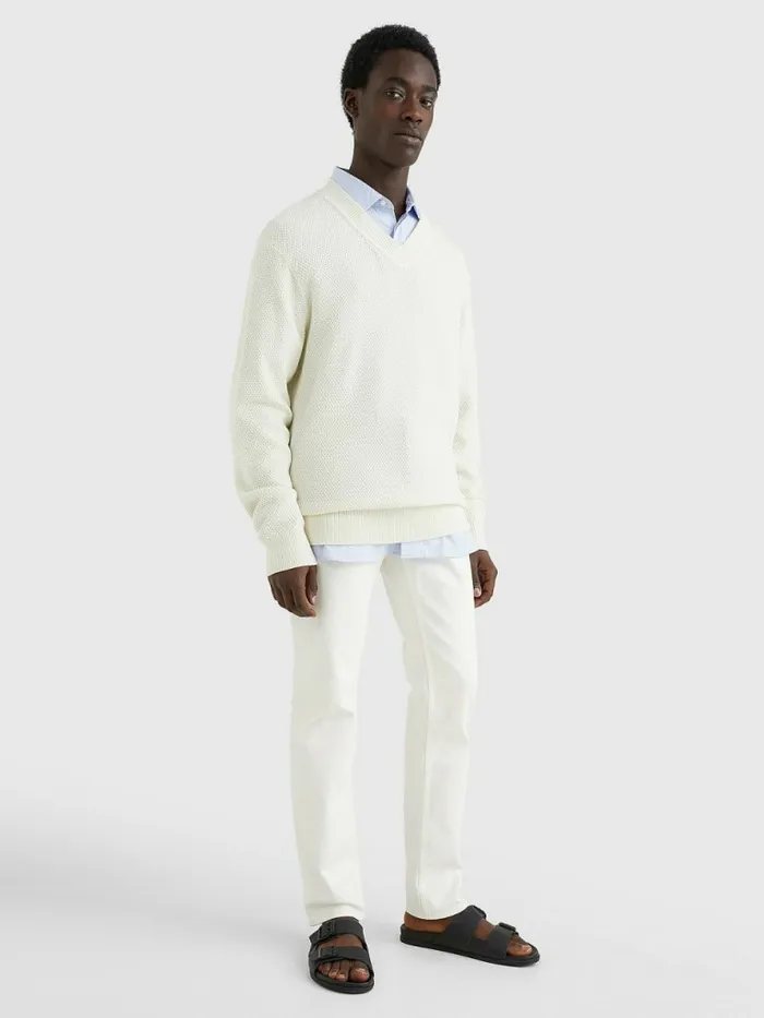 Tommy Hilfiger Elevated Textured VNeck Jumper Ivory Mens Knitwear On Sale
