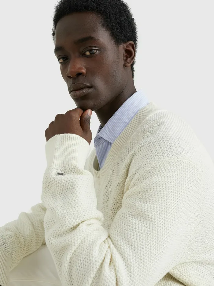 Tommy Hilfiger Elevated Textured VNeck Jumper Ivory Mens Knitwear On Sale