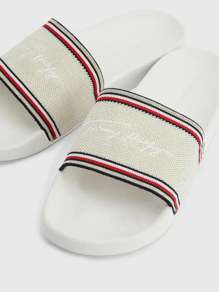 Tommy Hilfiger Essential Knitted Pool Slides Ecru Womens Sandals Gift for Friend