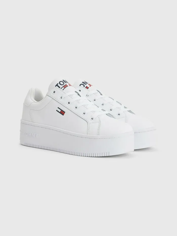 Tommy Hilfiger Essential Leather Flatform Trainers White Womens Flat Shoes On Sale Tommy Hilfiger Essential Leather Flatform Trainers White Womens Flat Shoes On Sale
