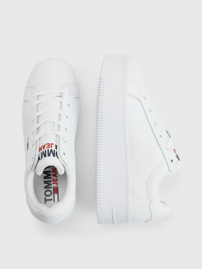Tommy Hilfiger Essential Leather Flatform Trainers White Womens Flat Shoes On Sale