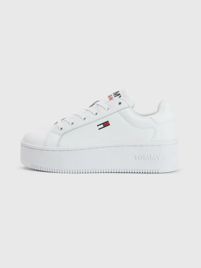 Tommy Hilfiger Essential Leather Flatform Trainers White Womens Flat Shoes On Sale