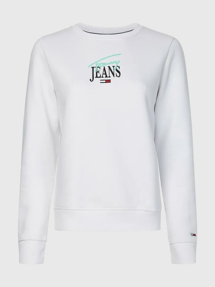 Tommy Hilfiger Essential Logo Crew Neck Sweatshirt White Womens Sweatshirts and Hoodies Casaul