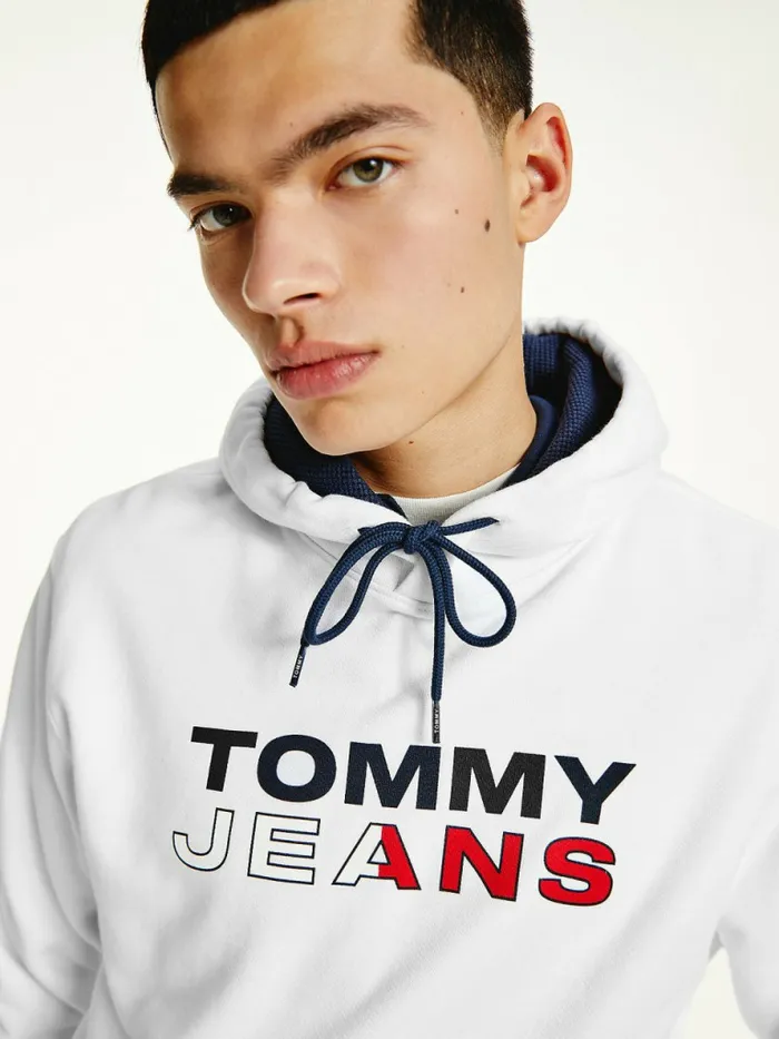 Tommy Hilfiger Essential Logo Hoody White Mens Sweatshirts and Hoodies Sale