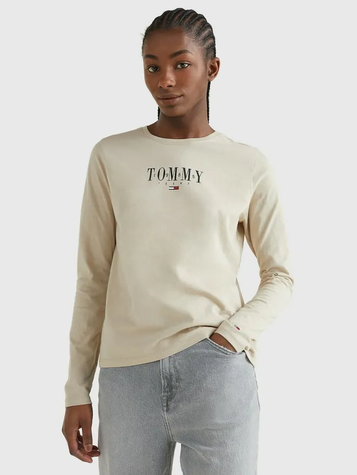 Tommy Hilfiger Essential Logo Long Sleeve TShirt Savannah Sand Womens TShirts Sale Tommy Hilfiger Essential Logo Long Sleeve TShirt Savannah Sand Womens TShirts Sale