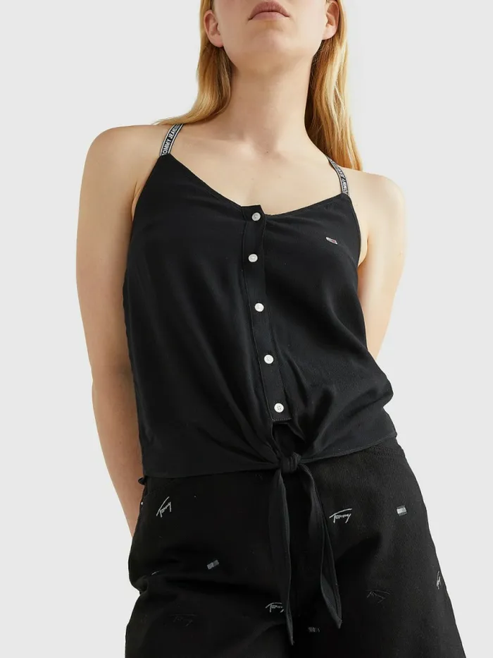 Tommy Hilfiger Essential Logo Tape Strap Top Black Womens Shirts and Blouses Cheap On Sale