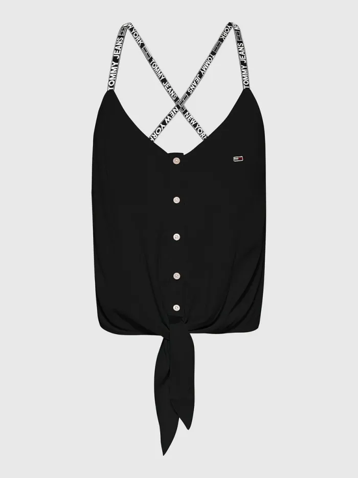 Tommy Hilfiger Essential Logo Tape Strap Top Black Womens Shirts and Blouses Cheap On Sale