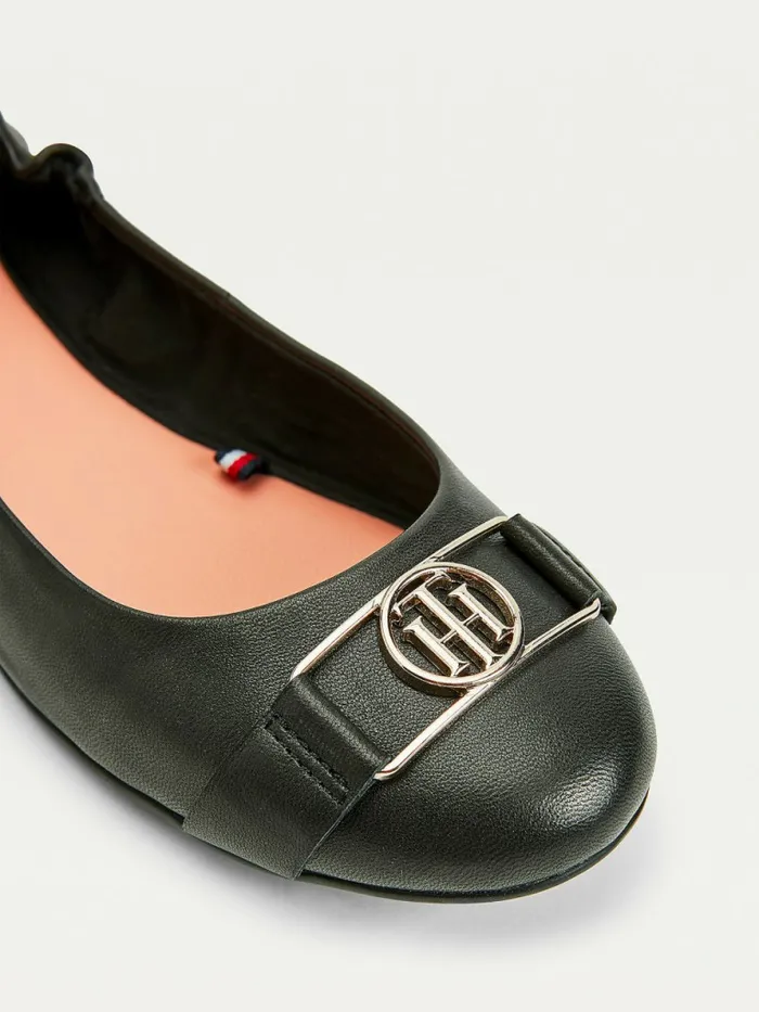 Tommy Hilfiger Essential Monogram Leather Ballerinas Black Womens Flat Shoes Fashion