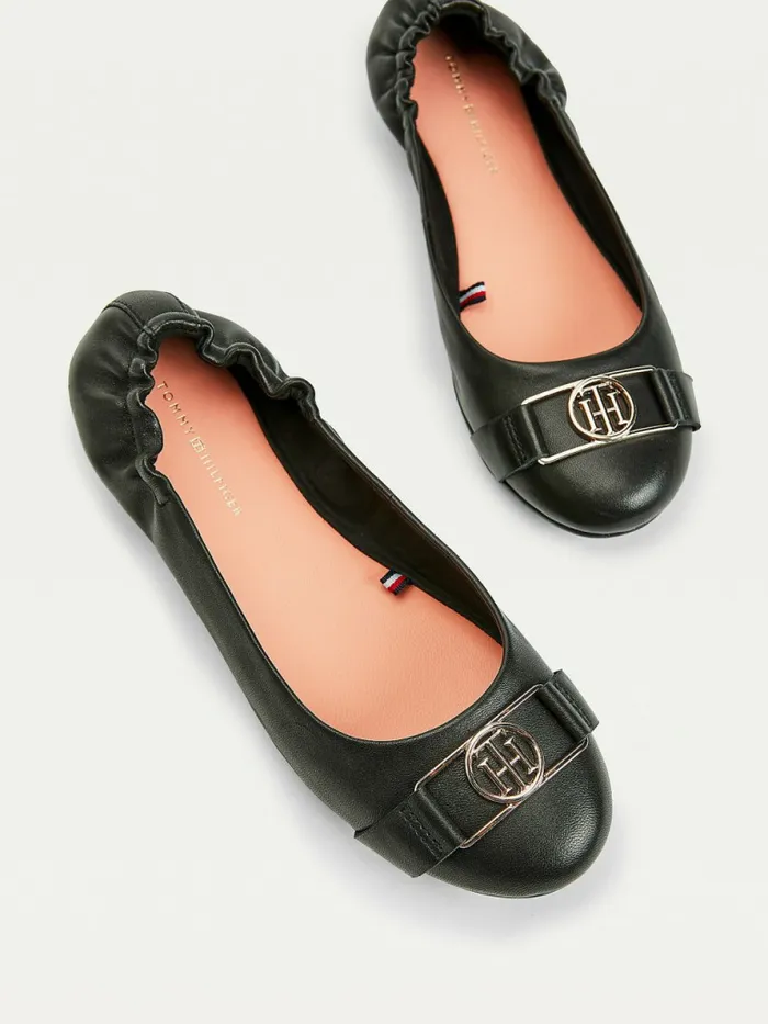 Tommy Hilfiger Essential Monogram Leather Ballerinas Black Womens Flat Shoes Fashion