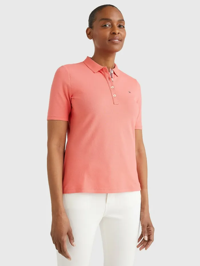 Tommy Hilfiger Essential Placket Detail Polo Crystal Coral Womens Polo Shirts Gift for Friend Tommy Hilfiger Essential Placket Detail Polo Crystal Coral Womens Polo Shirts Gift for Friend