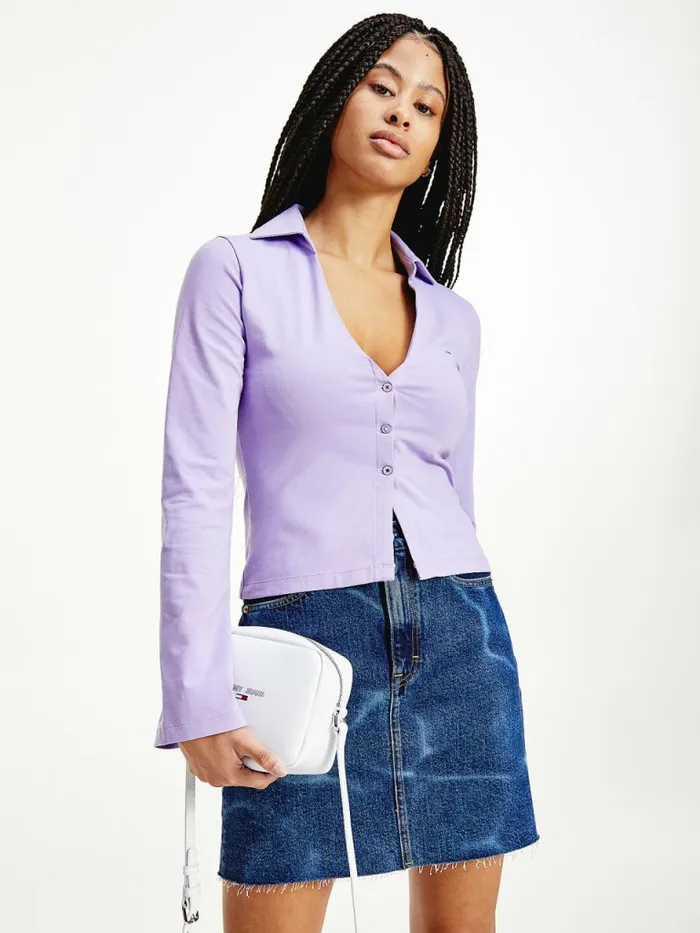 Tommy Hilfiger Essential Plunge Neck Polo Violet Viola Womens Polo Shirts Casaul Tommy Hilfiger Essential Plunge Neck Polo Violet Viola Womens Polo Shirts Casaul