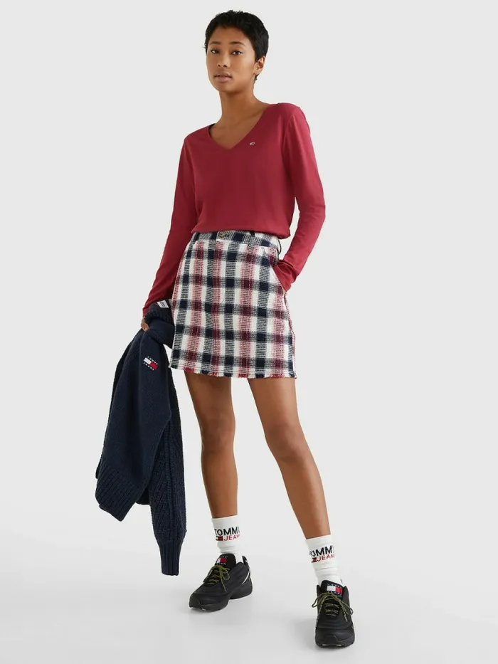 Tommy Hilfiger Essential VNeck Long Sleeve TShirt Cranberry Crush Womens TShirts Sale