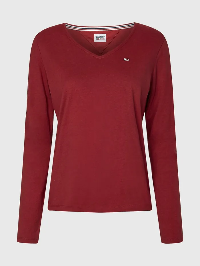 Tommy Hilfiger Essential VNeck Long Sleeve TShirt Cranberry Crush Womens TShirts Sale