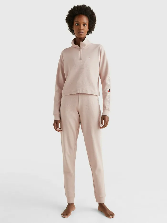 Tommy Hilfiger Exclusive Rib Knit HalfZip Cropped Sweatshirt Balanced Beige Womens Sweatshirts and Hoodies Gift Ideas