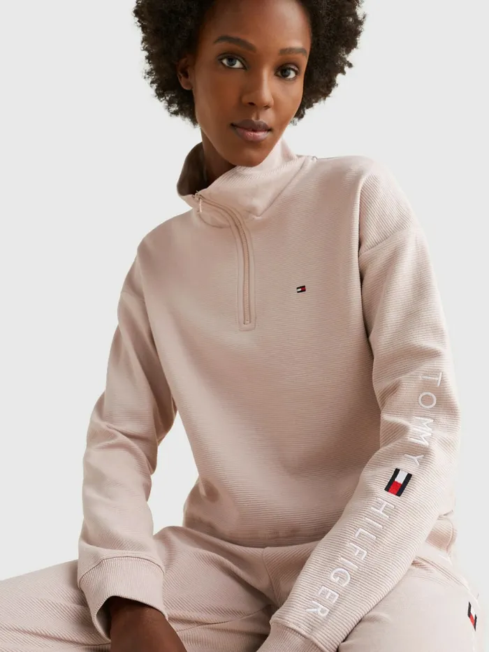 Tommy Hilfiger Exclusive Rib Knit HalfZip Cropped Sweatshirt Balanced Beige Womens Sweatshirts and Hoodies Gift Ideas