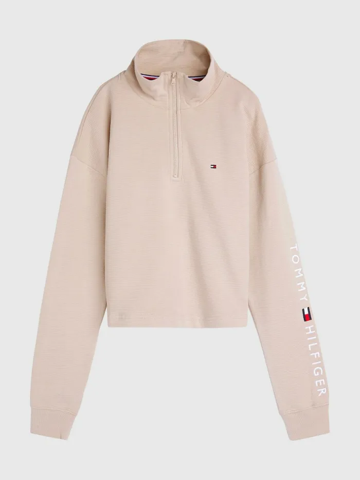 Tommy Hilfiger Exclusive Rib Knit HalfZip Cropped Sweatshirt Balanced Beige Womens Sweatshirts and Hoodies Gift Ideas