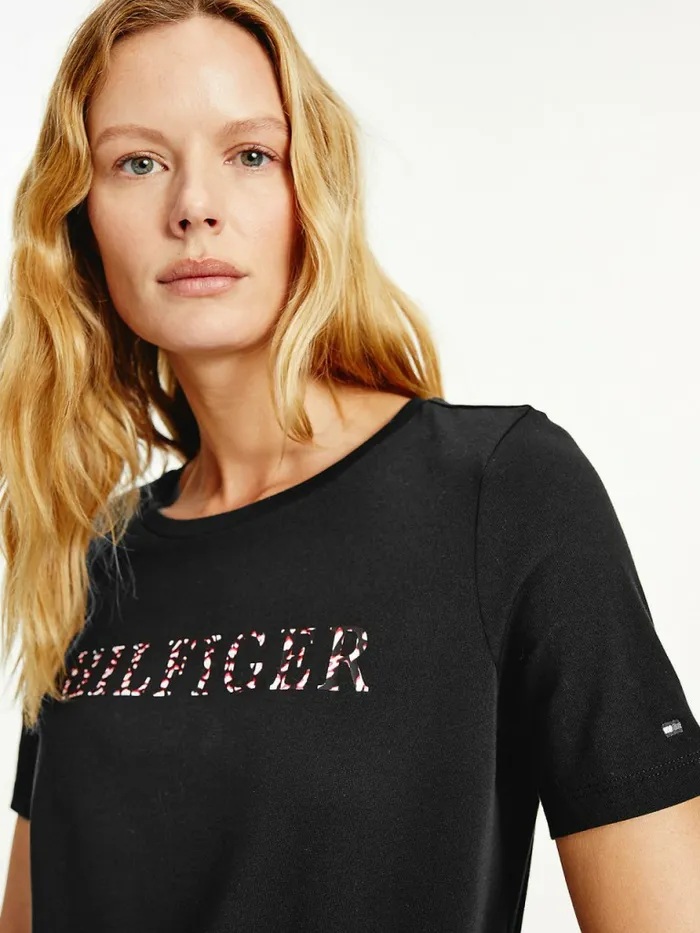 Tommy Hilfiger Feather Print Logo TShirt Black Womens TShirts Sale