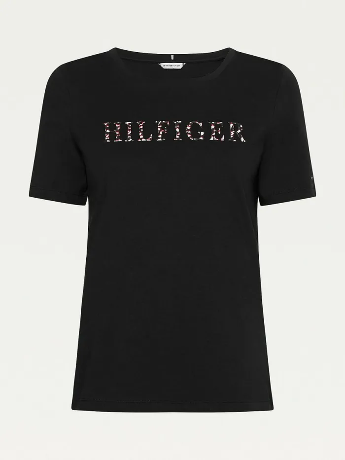 Tommy Hilfiger Feather Print Logo TShirt Black Womens TShirts Sale