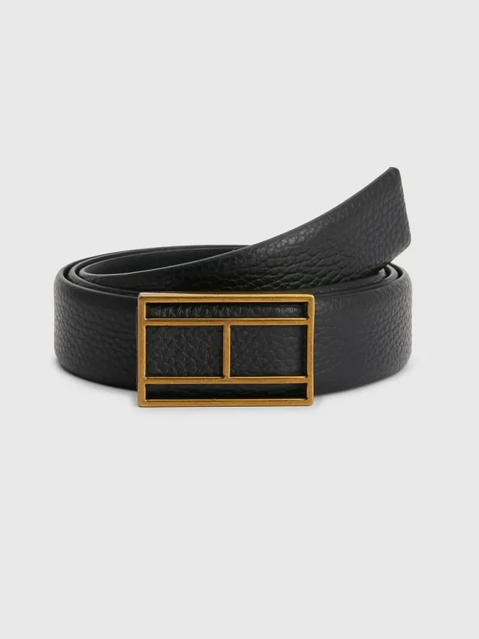 Tommy Hilfiger Flag Buckle Leather Belt Black Mens Belts Fashion