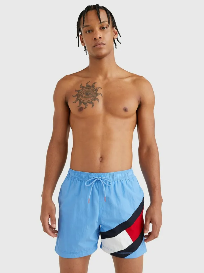 Tommy Hilfiger Flag Mid Length Drawstring Swim Shorts Hydrangea Blue Mens Swimwear On Sale