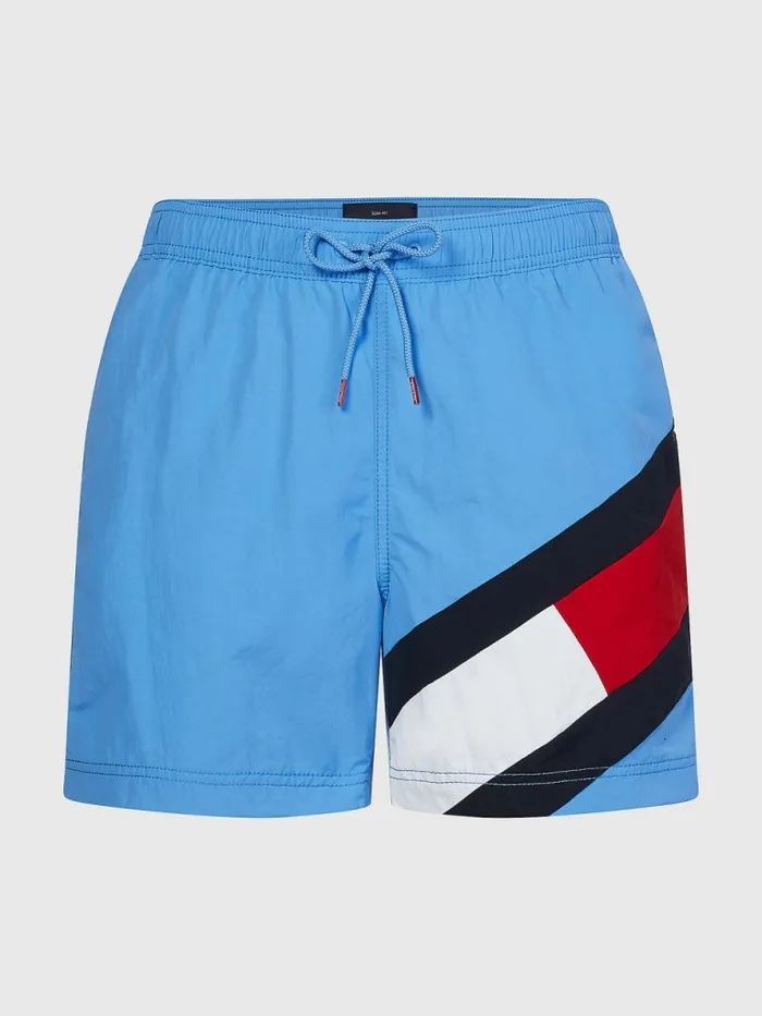 Tommy Hilfiger Flag Mid Length Drawstring Swim Shorts Hydrangea Blue Mens Swimwear On Sale