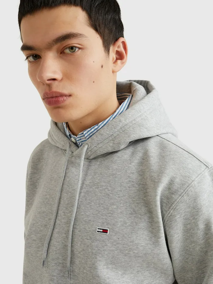 Tommy Hilfiger Fleece Flag Patch Hoody Lt Grey Htr Mens Essentials