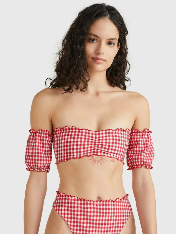 Tommy Hilfiger Gingham SelfTie Bandeau Bikini Top Primary Red And White Gingham Womens Swimwear Casaul Tommy Hilfiger Gingham SelfTie Bandeau Bikini Top Primary Red And White Gingham Womens Swimwear Casaul