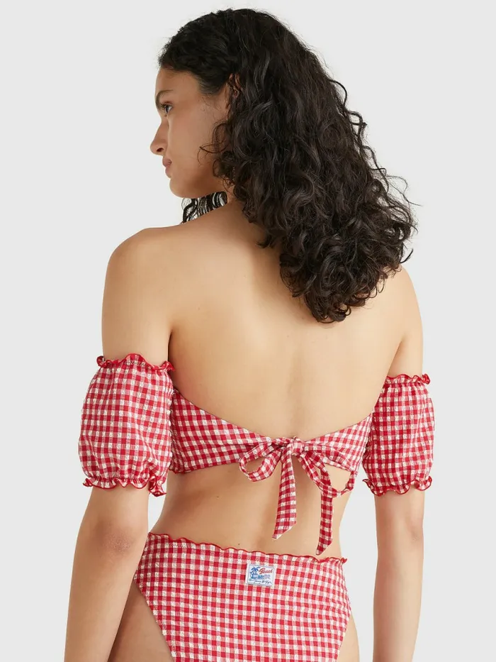 Tommy Hilfiger Gingham SelfTie Bandeau Bikini Top Primary Red And White Gingham Womens Swimwear Casaul