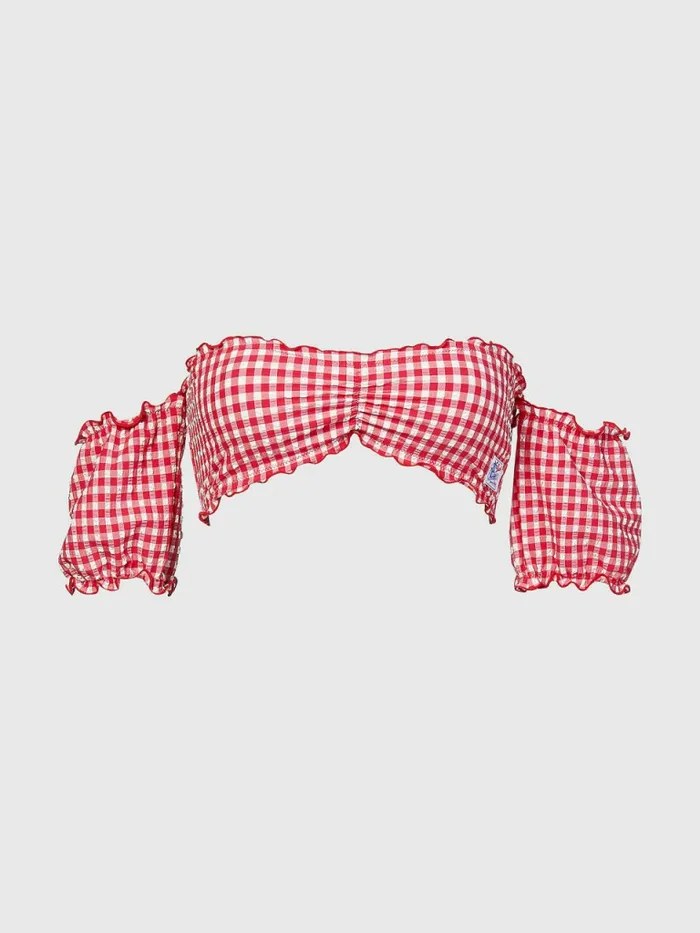 Tommy Hilfiger Gingham SelfTie Bandeau Bikini Top Primary Red And White Gingham Womens Swimwear Casaul