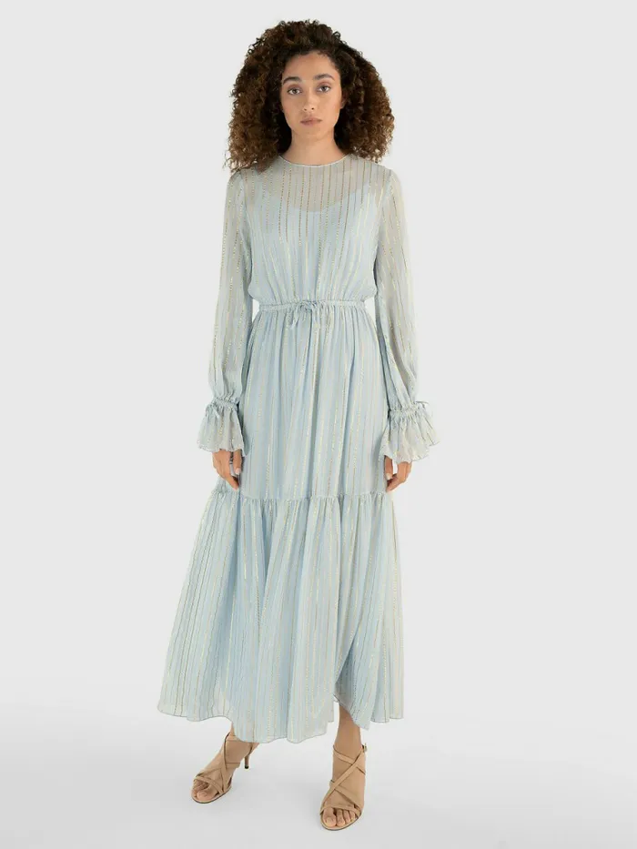 Tommy Hilfiger Gold Stripe Silk Blend Maxi Dress Breezy Blue Womens Dresses and Jumpsuits Gift 4 You Tommy Hilfiger Gold Stripe Silk Blend Maxi Dress Breezy Blue Womens Dresses and Jumpsuits Gift 4 You