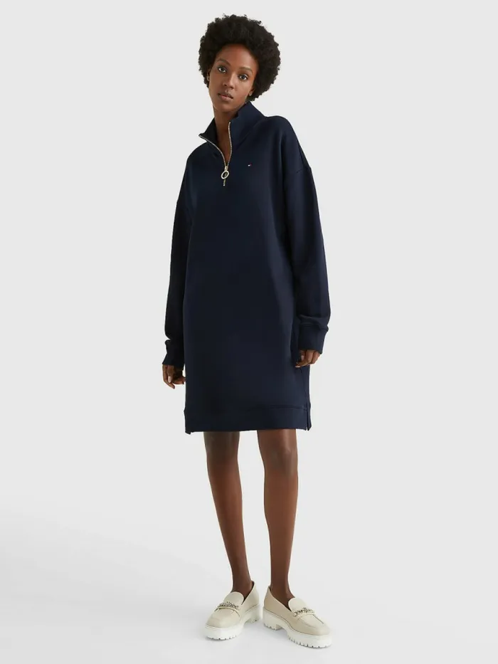 Tommy Hilfiger Half Zip Relaxed Jumper Dress Desert Sky Womens Dresses and Jumpsuits Casaul