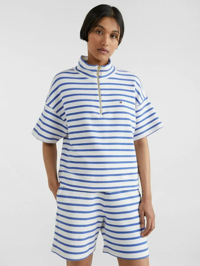 Tommy Hilfiger HalfZip Relaxed Short Sleeve Sweatshirt Breton StpWhite Verona Blue Womens CoOrds Tommy Hilfiger HalfZip Relaxed Short Sleeve Sweatshirt Breton StpWhite Verona Blue Womens CoOrds
