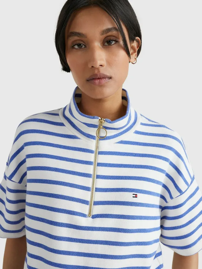 Tommy Hilfiger HalfZip Relaxed Short Sleeve Sweatshirt Breton StpWhite Verona Blue Womens CoOrds
