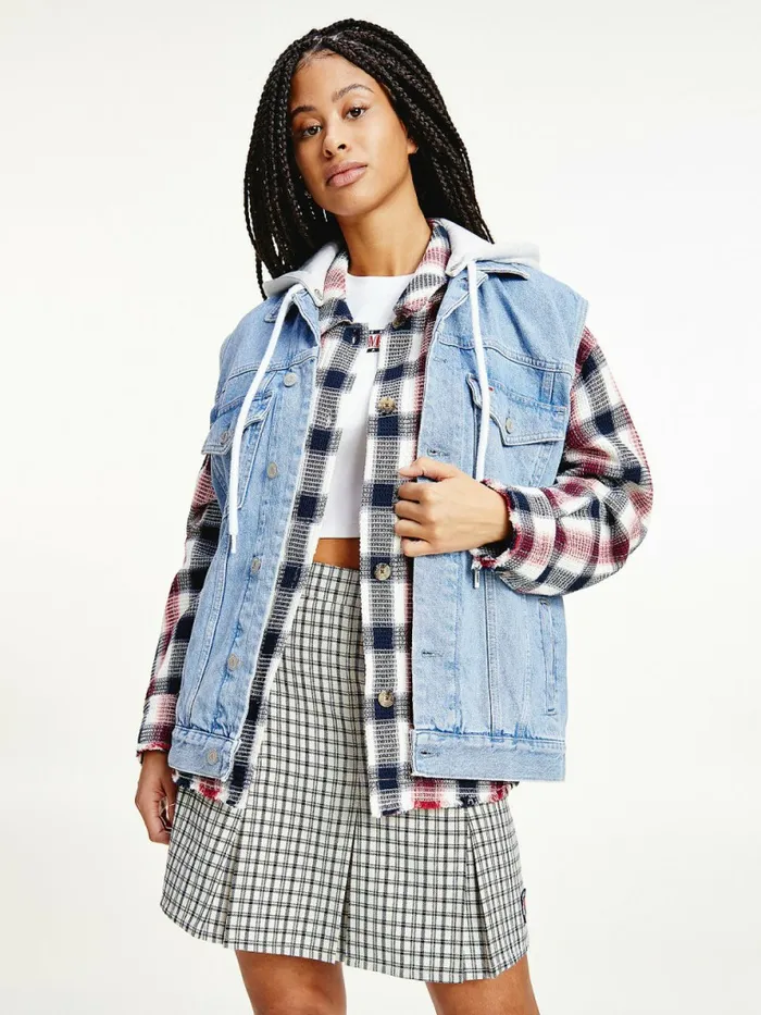Tommy Hilfiger Hemp Denim Oversized Trucker Hoody Vest Denim Light Womens Coats and Jackets Fashion Tommy Hilfiger Hemp Denim Oversized Trucker Hoody Vest Denim Light Womens Coats and Jackets Fashion