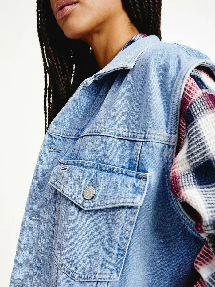 Tommy Hilfiger Hemp Denim Oversized Trucker Hoody Vest Denim Light Womens Coats and Jackets Fashion