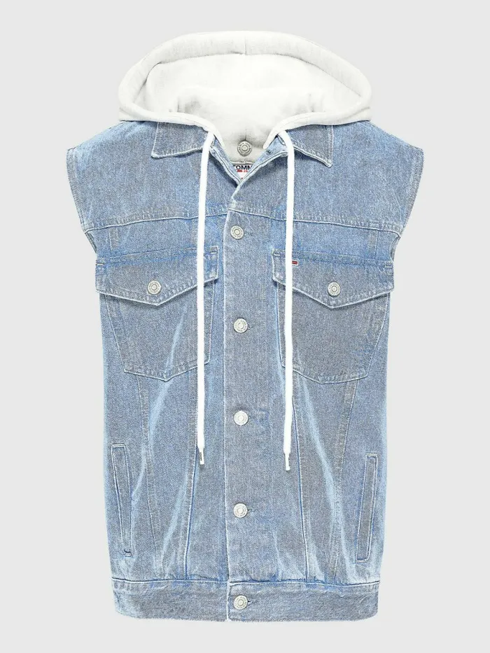 Tommy Hilfiger Hemp Denim Oversized Trucker Hoody Vest Denim Light Womens Coats and Jackets Fashion
