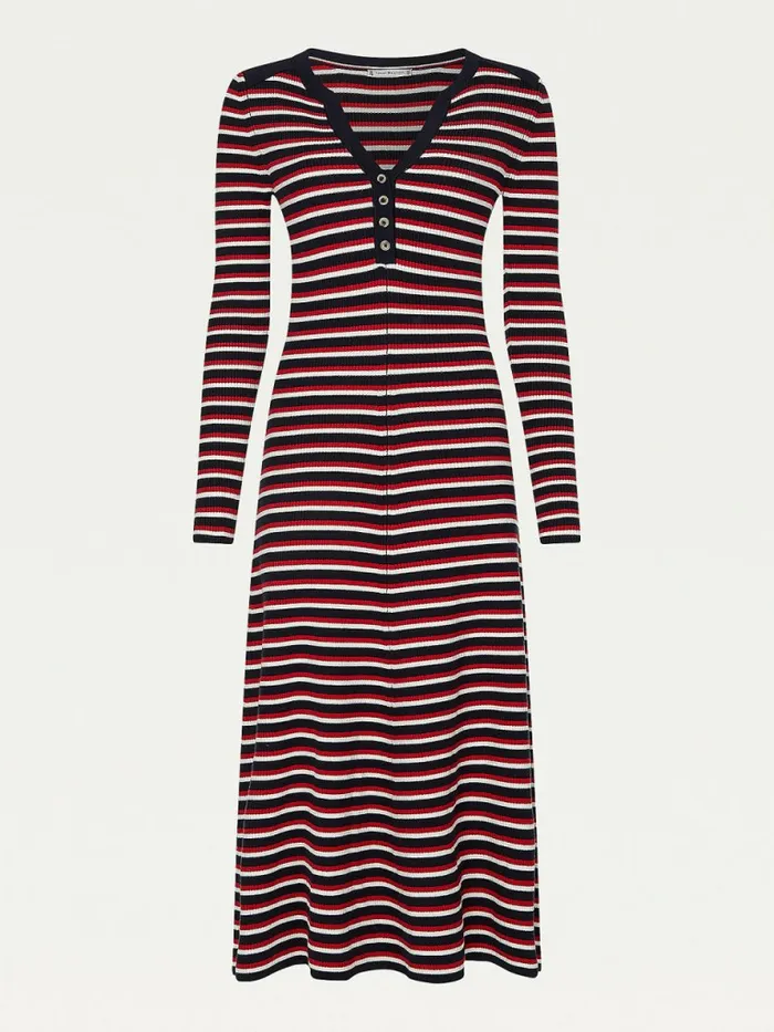 Tommy Hilfiger Henley Fit And Flare Midi Dress Primary RedWhiteDesert Sky Womens Dresses and Jumpsuits Sale