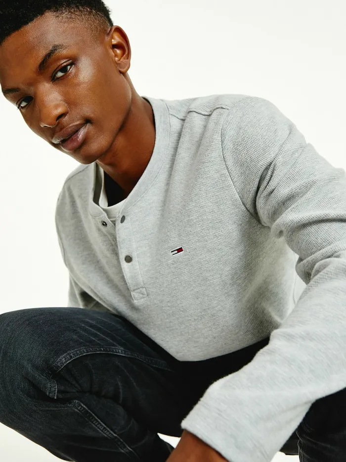 Tommy Hilfiger Henley Neck Long Sleeve TShirt Lt Grey Htr Mens TShirts Gift 4 You