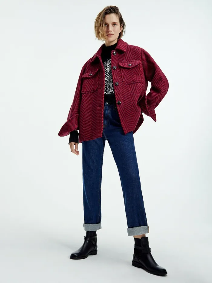 Tommy Hilfiger Herringbone Shacket Ruby Crimson Herringbone Womens Coats and Jackets Casaul