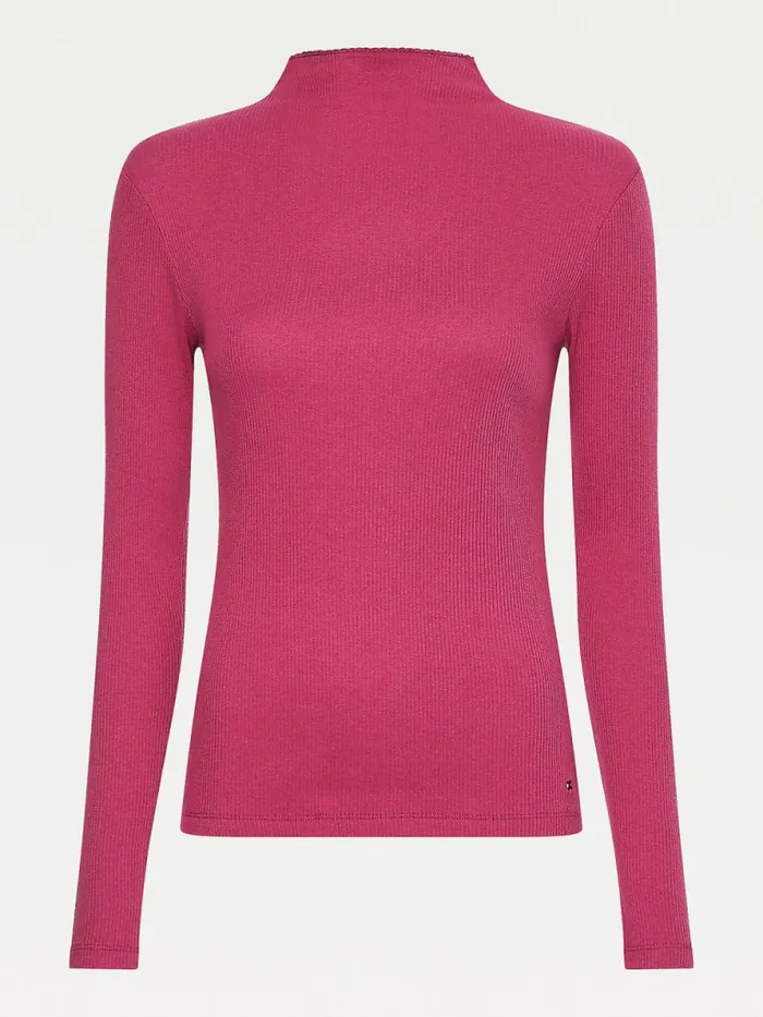 Tommy Hilfiger High Neck Skinny Fit Modal Jumper Crimson Ruby Womens TShirts Fashion