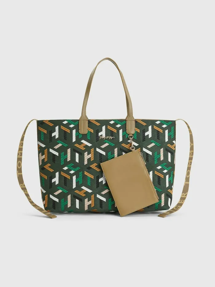 Tommy Hilfiger Iconic Monogram Embroidery Cotton Tote Green Monogram Womens Bags On Sale Tommy Hilfiger Iconic Monogram Embroidery Cotton Tote Green Monogram Womens Bags On Sale