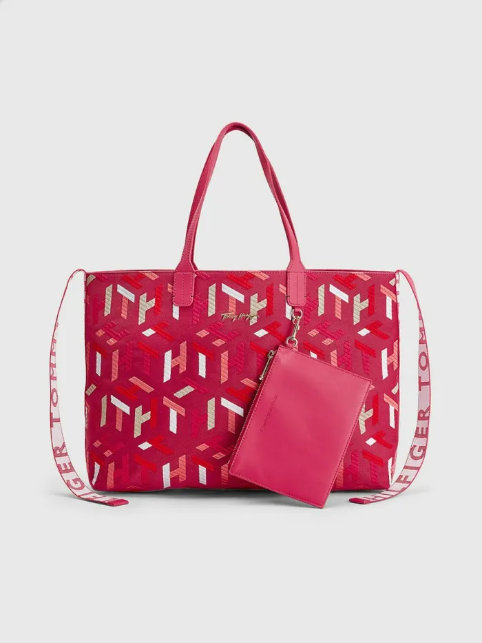 Tommy Hilfiger Iconic Monogram Embroidery Cotton Tote Pink Monogram Womens Bags Casaul Tommy Hilfiger Iconic Monogram Embroidery Cotton Tote Pink Monogram Womens Bags Casaul