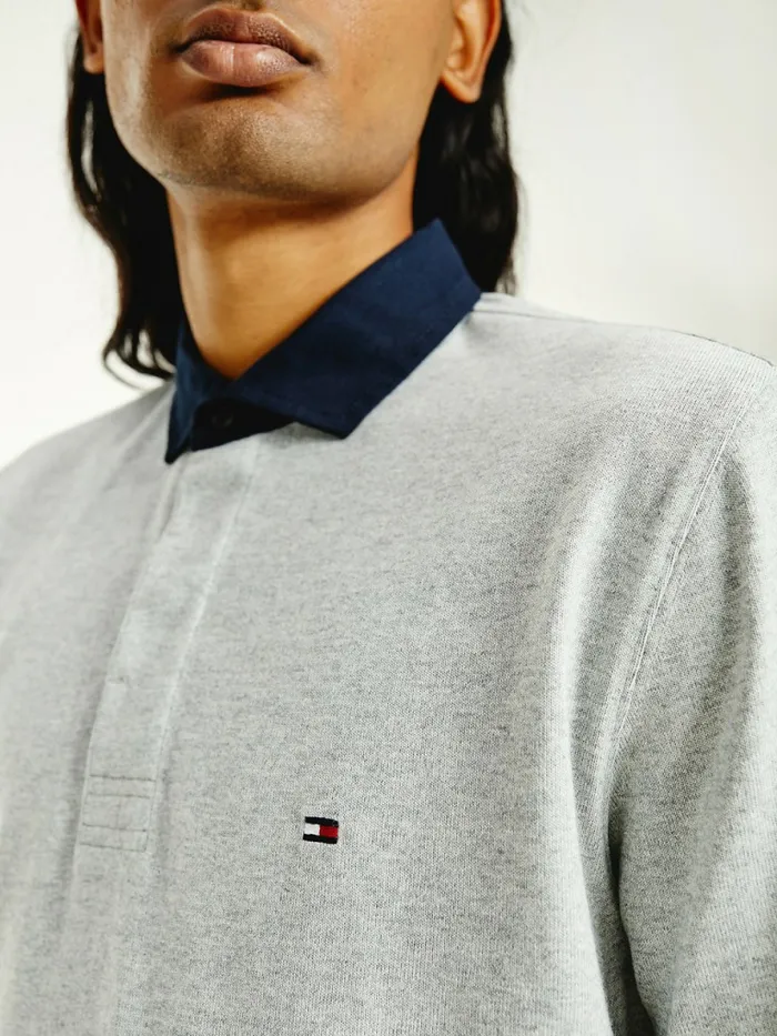Tommy Hilfiger Iconic Rugby Shirt Light Grey Heather Mens Polo Shirts Fashion