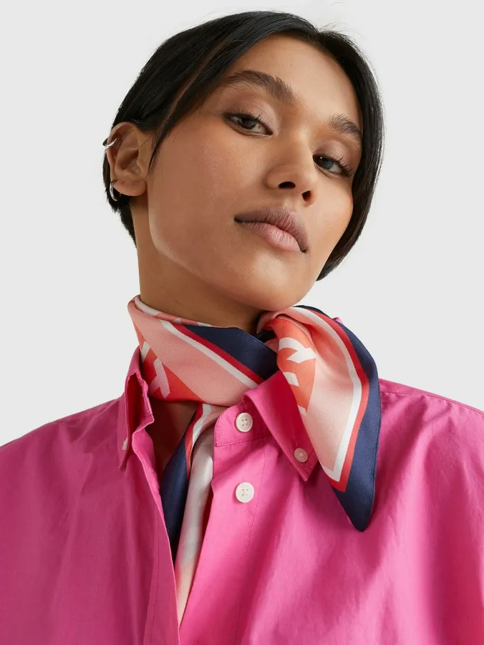 Tommy Hilfiger Iconic Silk Monogram Bandana Pink Mix Womens Hats and Scarves Gift Ideas