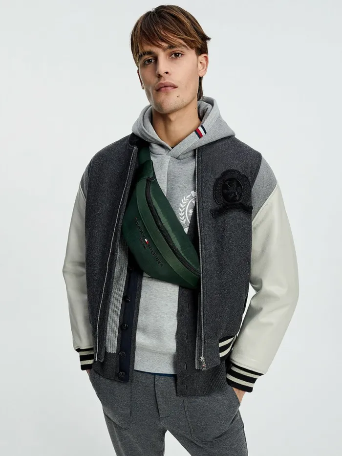Tommy Hilfiger Icons Crest Wool Relaxed Bomber Jacket Dark Grey Heather Mens Coats and Jackets On Sale