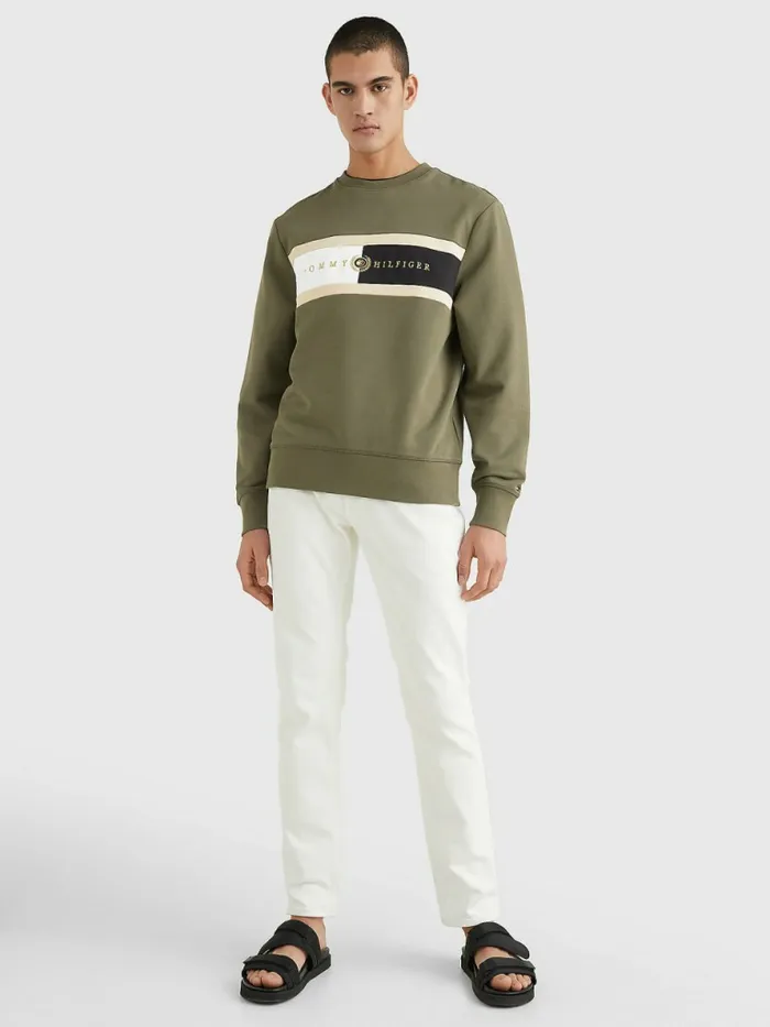 Tommy Hilfiger Icons Logo Crew Neck Sweatshirt Army Green Mens Sweatshirts and Hoodies Cheap On Sale