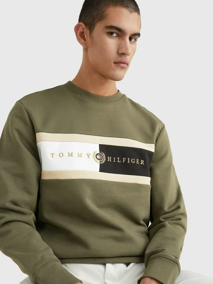 Tommy Hilfiger Icons Logo Crew Neck Sweatshirt Army Green Mens Sweatshirts and Hoodies Cheap On Sale