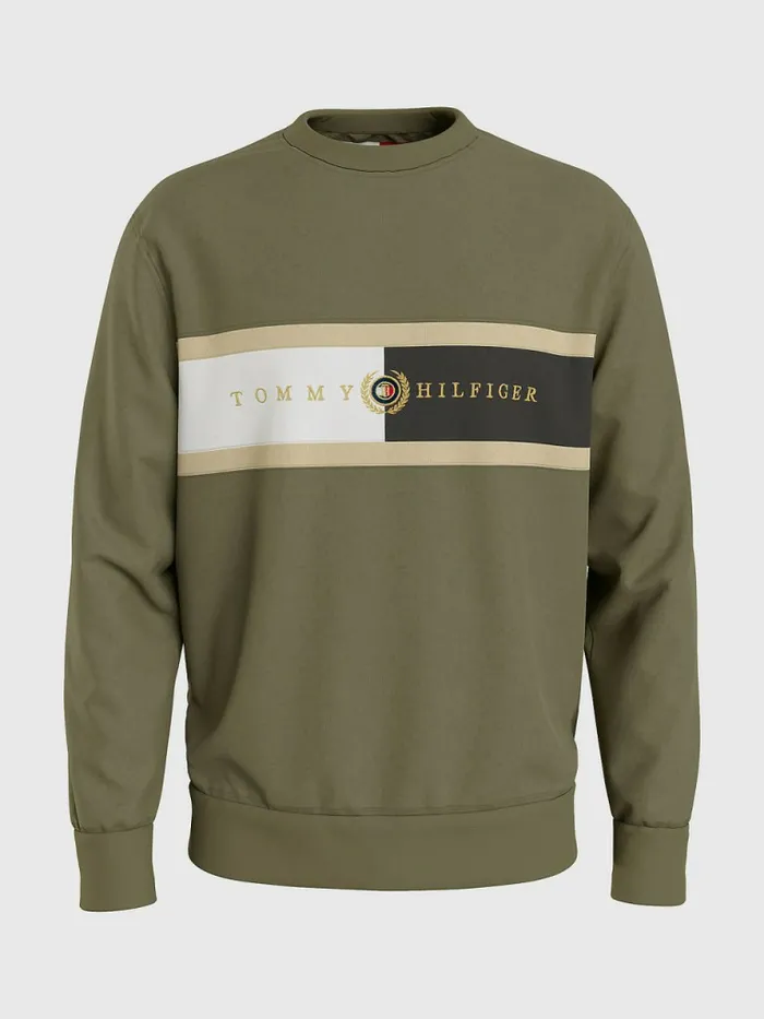 Tommy Hilfiger Icons Logo Crew Neck Sweatshirt Army Green Mens Sweatshirts and Hoodies Cheap On Sale